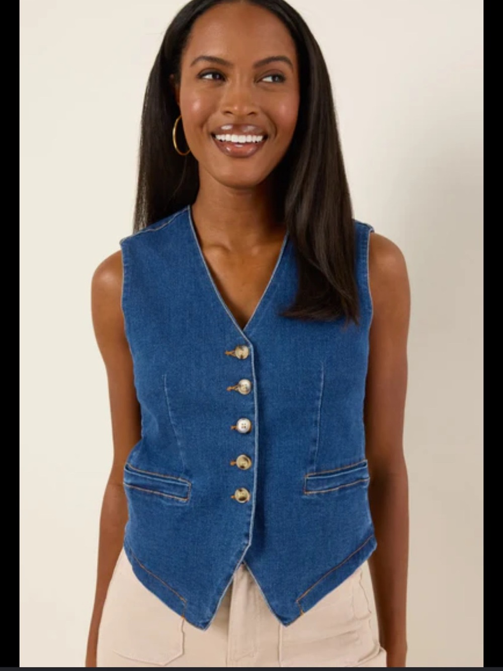 Denim V-Neck Button Front Vest - Blue